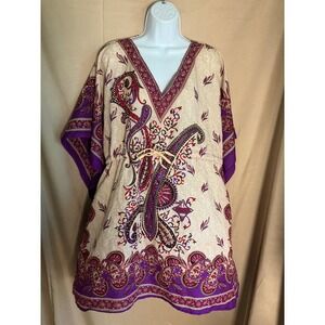 NF Paisley Kaftan Tunic Women OS Purple New PNA-757 Embellished Drawstring Boho